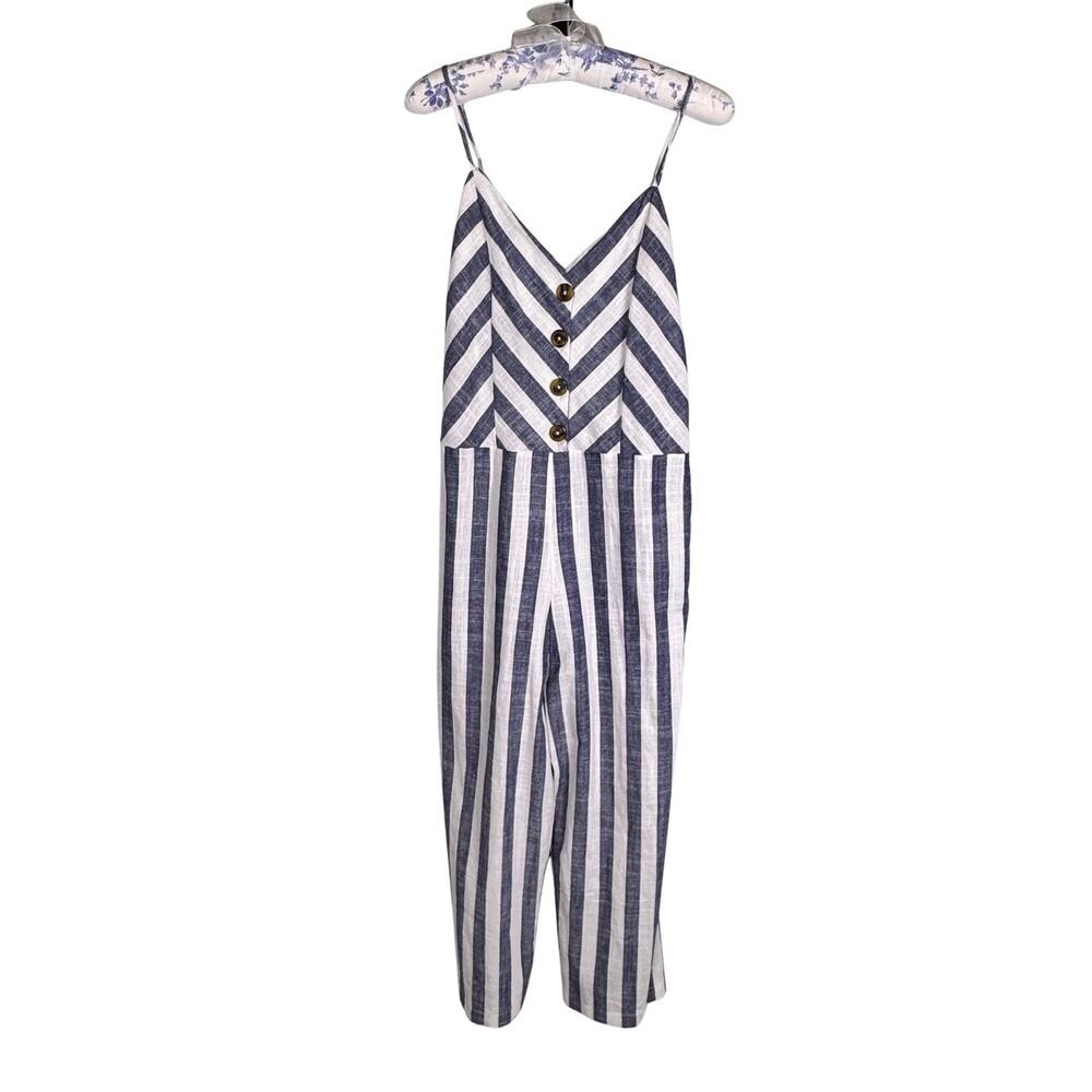 Striped Jumpsuit Linen Blend Sz M Cropped Ankle Coastal Minimalist Capsule Chic